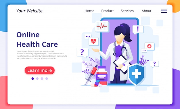 Online artsenconcept, de online medische illustratie van de gezondheidszorgbijstand. website bestemmingspagina ontwerpsjabloon