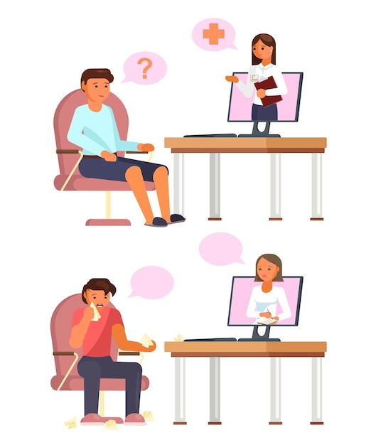 Online artsenconsultatie vector platte illustratie Patiënten communiceren met artsen met behulp van internetverbinding en laptopcomputers Online counseling virtuele psychologische en medische ondersteuning