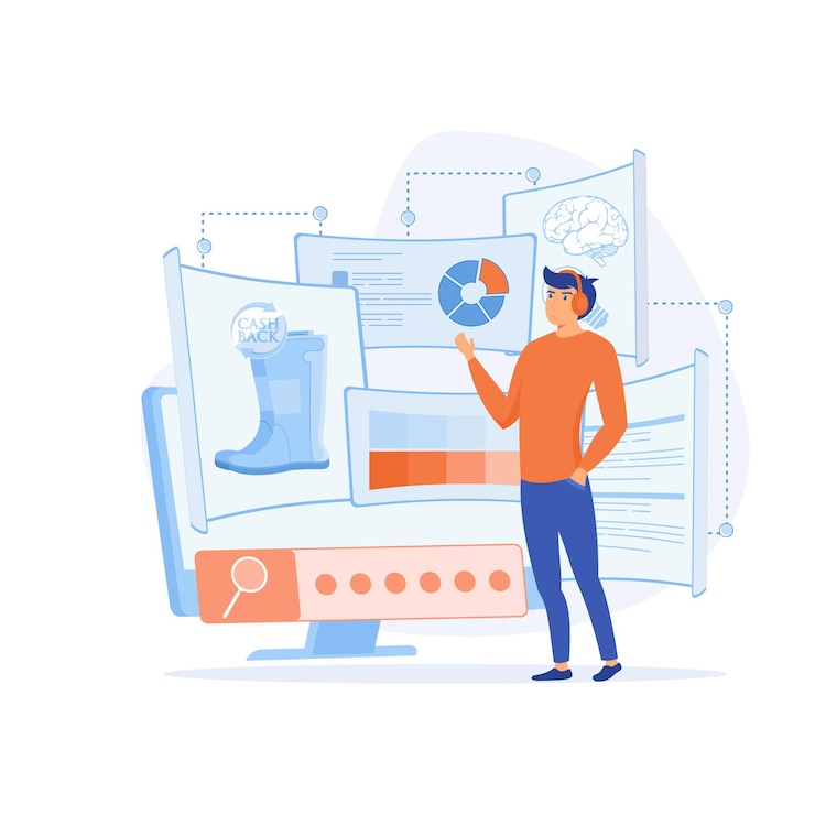 Vector online assistant concept remote consultant helping customer during call to virtual shop