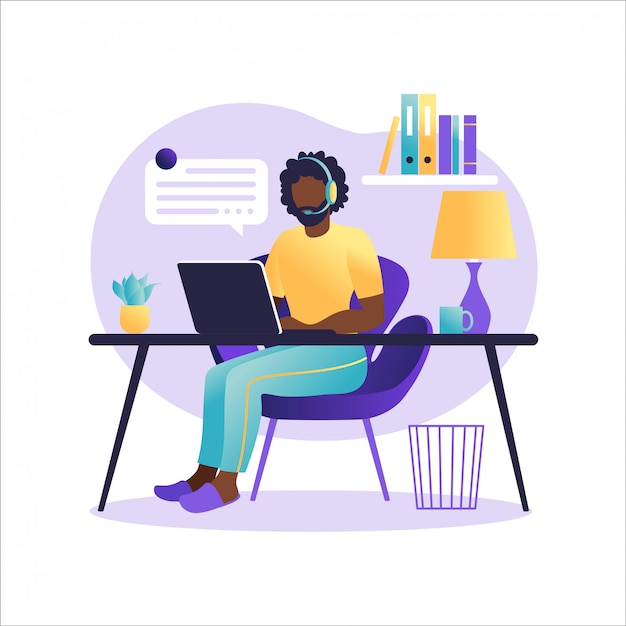 Vector online assistant landing page. african american man with headphones with computer. concept illustration for support, assistance, call center. virtual help service. illustration in flat.