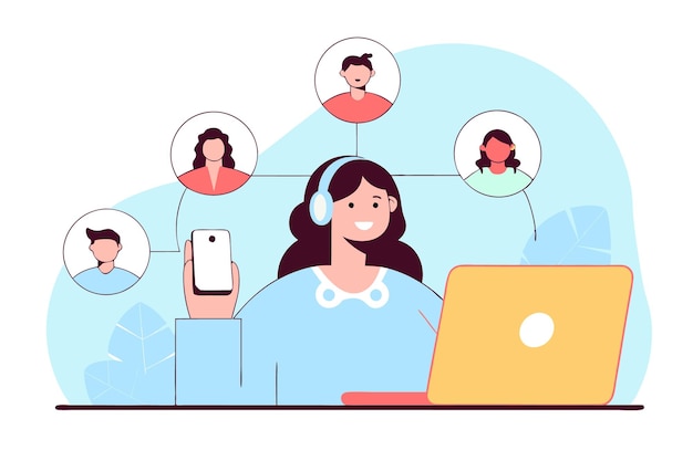 Online assistant user help frequently asked questions Call center worker cartoon character Woman working at hotline
