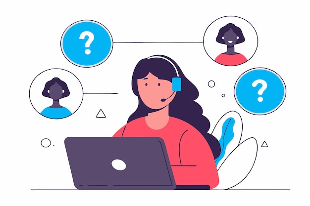 Online assistant user help frequently asked questions Call center worker cartoon character Woman working at hotline