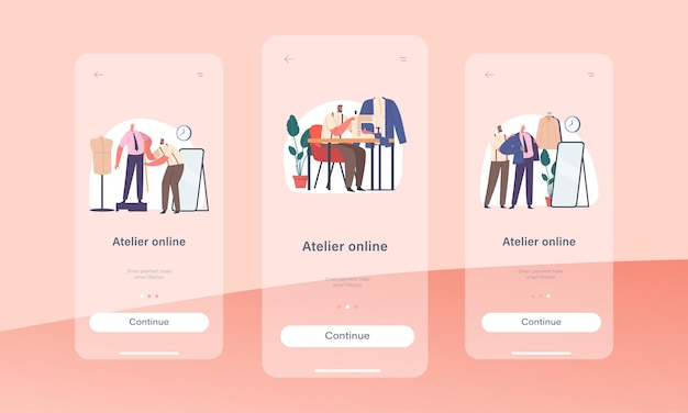 Online atelier mobile app page onboard screen template sarto e personaggi dei clienti al fashion studio workshop