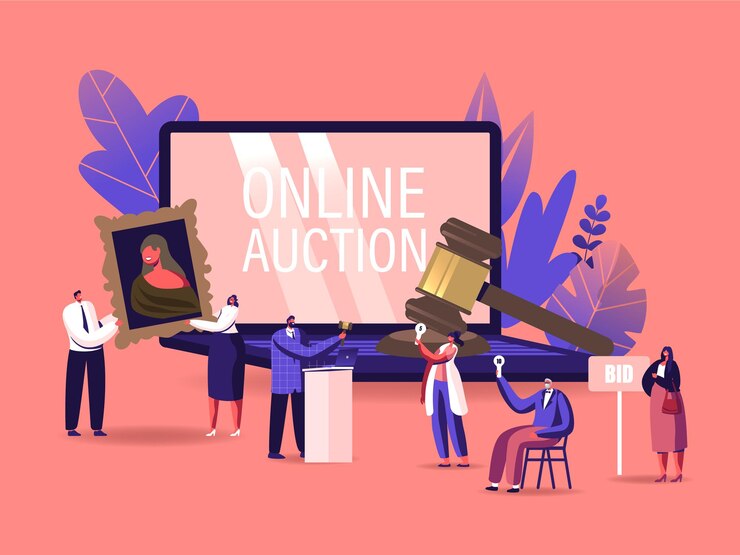 Vector online auction concept. auctioneer, people collectors buying assets in internet.