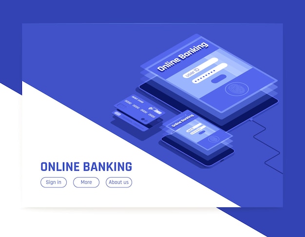 Online bankieren isometrische webpagina banner wit blauw achtergrondontwerp met login sjabloon service info knoppen vectorillustratie