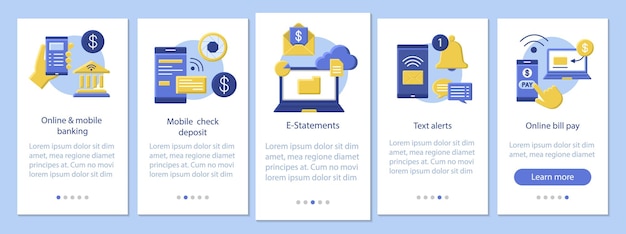 Online bankieren mobiele app pagina scherm vector sjabloon. borg cheque, e-verklaringen, rekening betalen. financieel management. platte ontwerp website instructies. ux, ui, gui smartphone interface cartoon concept