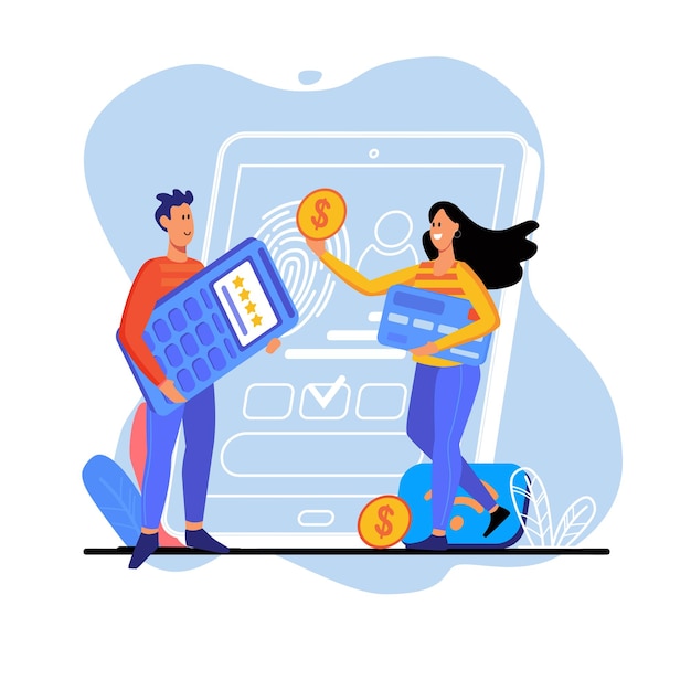 Vector online banking blue concept with people scene in the flat cartoon style girl pay for all goods