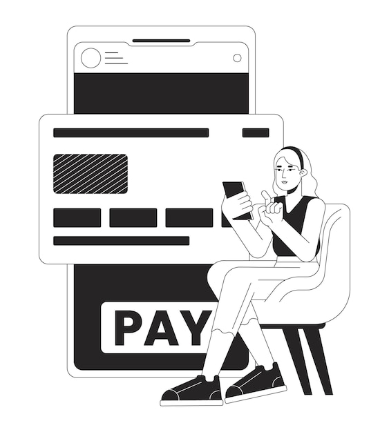 オンライン バンキング bw コンセプト ベクトル スポット イラスト クレジット カードで購入の支払いをする女性 Web UI の 2D 漫画フラット ライン単色文字デザイン可能な分離されたアウトライン ヒーロー イメージ