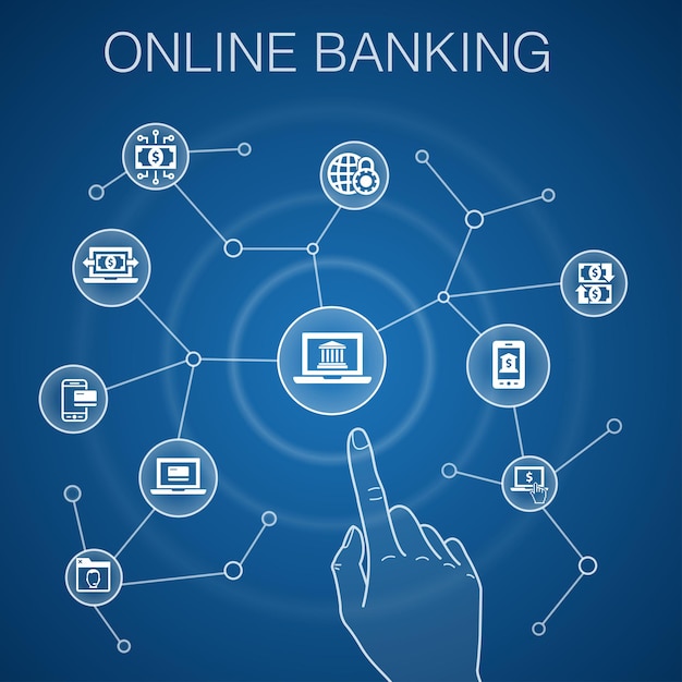 Concetto di servizi bancari online, sfondo blu. trasferimento di fondi, mobile banking, transazione online, icone di successo del denaro digitale