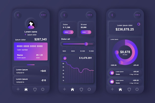 Vector online banking concept neumorphic templates set financial statistics ui ux gui screens