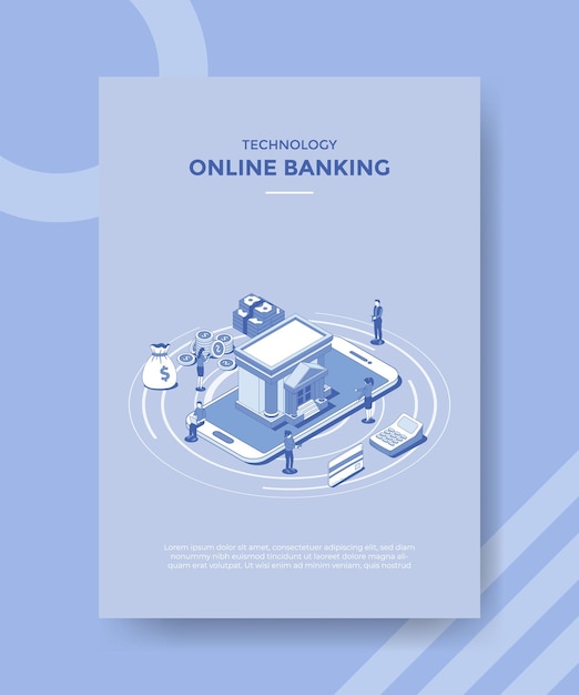 Concetto di online banking per banner modello e volantino con stile contorno isometrico
