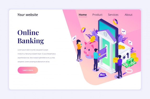 Online banking concept with characters, electronic payment isometric landing page template