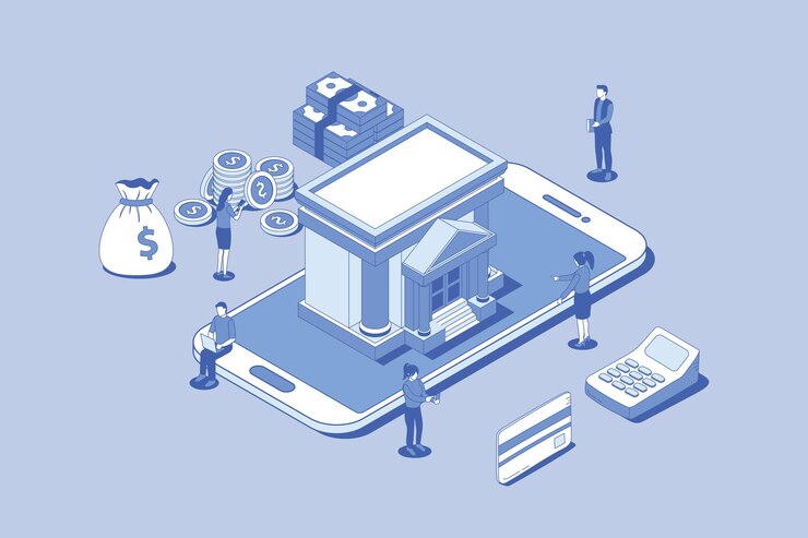 Vector online banking or digital bank concept with money people and banks building with outline isometric style