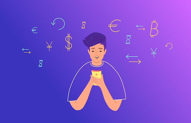 Online banking and electonic wallets concept flat vector illustration. teenage boy using mobile smartphone for financial accounting. young man with symbols of dollar, euro and exchange around her