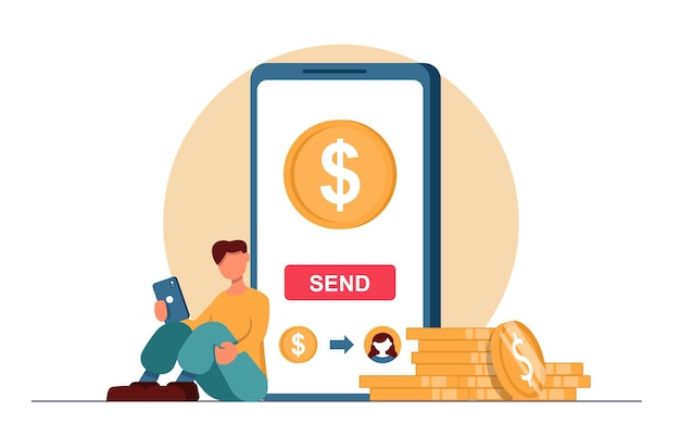 Online banking A man sends money through his cell phone