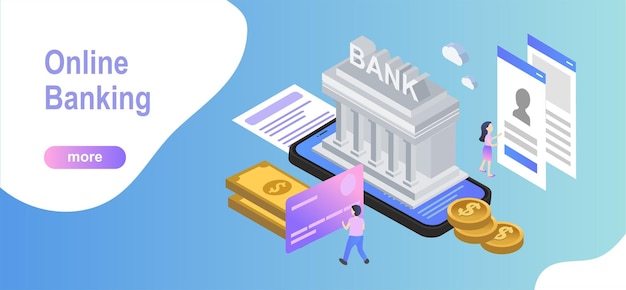 Online banking modern flat design isometric concept Electronic bank and people concept Landing page template Conceptual isometric illustration for web and graphic design