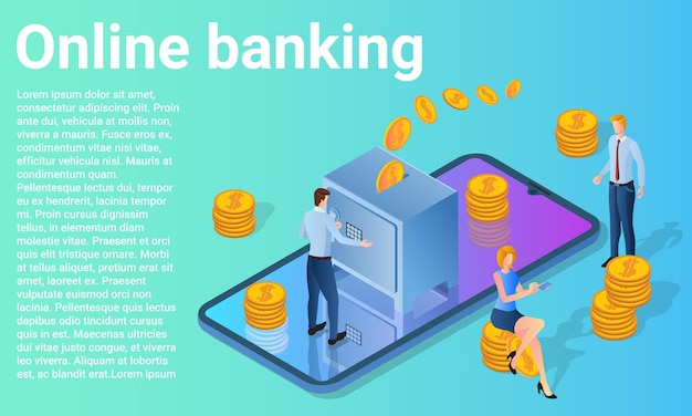 Вектор Онлайн-банкинг люди используют банковское приложение, установленное на смартфоне плакат в деловом стиле