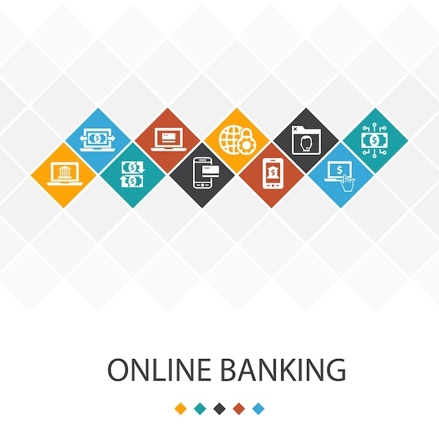 Online banking trendy UI template infographics concept. funds transfer, mobile banking, online transaction, digital money success icons