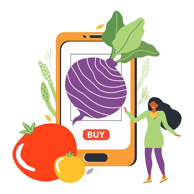 Vector online bestelling van verse groenten op de website van de supermarkt. jonge vrouw koopt boodschappen met behulp van een mobiele app op haar smartphone. concept van gezonde voeding. vlakke afbeelding