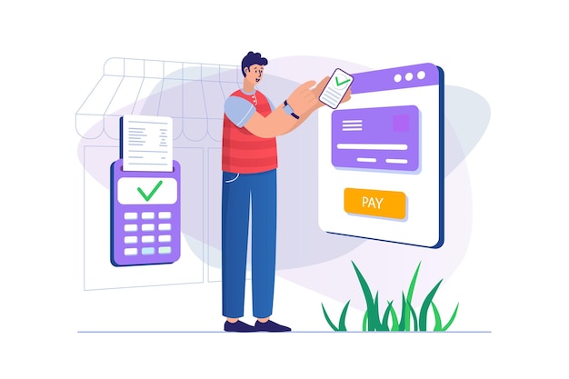 Online betalingsconcept met mensenscène in plat ontwerp Man voert financiële transactie uit