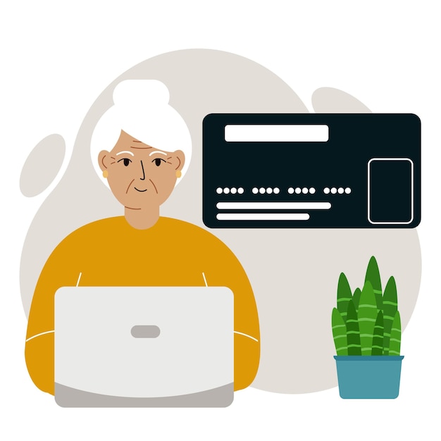 Online betalingsconcept. Sluit omhoog van een grote creditcard. Oude vrouw, grootmoeder, met een laptop. Platte vectorillustratie