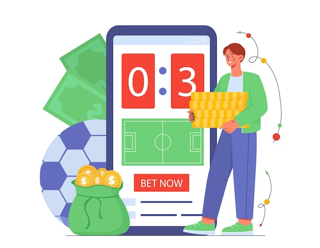 Vector online betting sports application concept young guy with golden coins at background of smartphone gambling and fortune games predictions for sports and football cartoon flat vector illustration