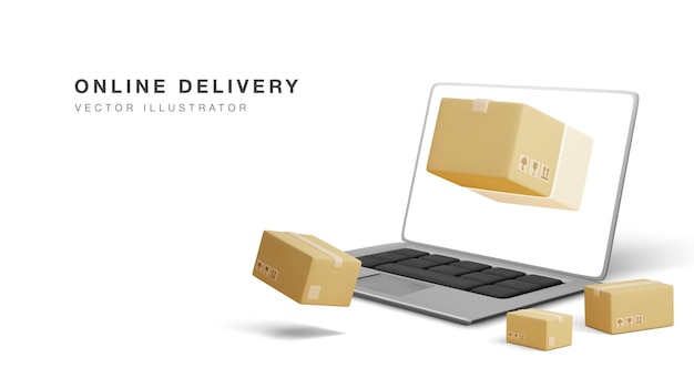 Online bezorgbanner met 3D-realistische laptop en pakketten in realistische stijl Vectorillustratie