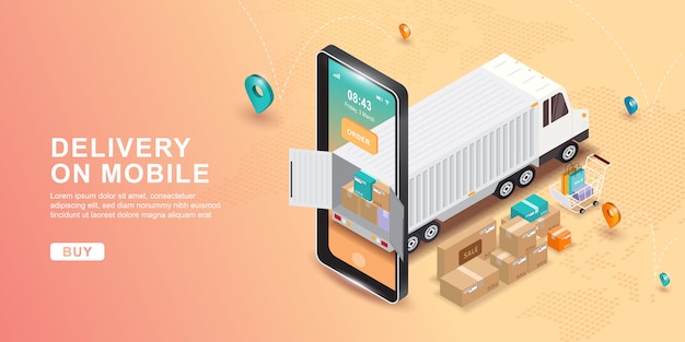 Vector online bezorgservice concept, online order tracking, levering thuis en op kantoor. e-commerce. service volgen. verzending per vrachtwagen. wereldwijde online navigatie.