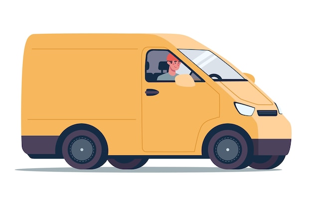 Vector online bezorgservice koerier op gele bestelwagen