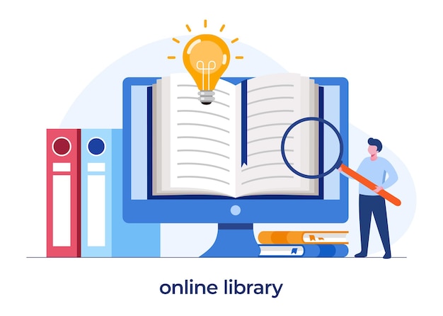 Online bibliotheek voor onderwijs, online referentieconcept, boek, literatuur of e-learning, vlakke afbeelding vector