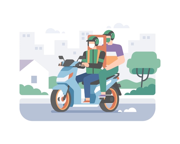 Online bike transportation service rider or motorcycle driver implementing health protocols when delivering passengers to prevent coronavirus pandemic illustration with city silhouette background