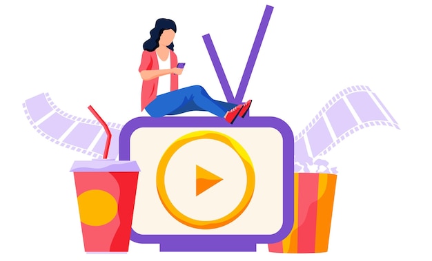 Online bioscoop internet streaming vrouw met smartphone zittend op groot scherm met videospeler