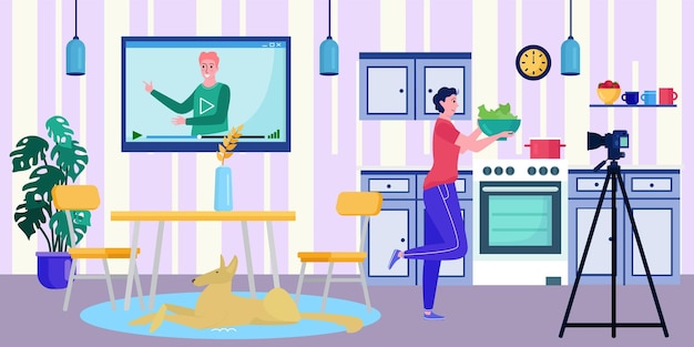 Online blogger video op scherm, vectorillustratie. vrouw karakter kijken internet digitale blog op tv-technologie, vrouwelijke streaming koken. social media-educatie voor mensen, kanaal over eten.