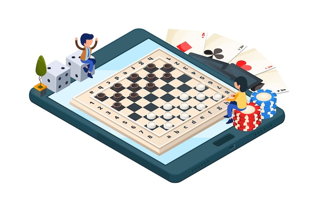 Vector online board game. isometric phone with checkers game. gamers characters, dice, cards. illustration checkers championship online
