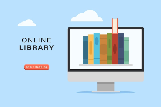 Online boek bibliotheek website, ebook en e-learning banner. onderwijs op internet, elektronische literatuurarchief mediabron voor lezen op computermonitor scherm vectorillustratie