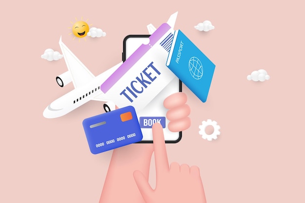 Online boeken ticket concept op de mobiele app Zakenreis banner met paspoort tickets vliegtuig en creditcard 3D vectorillustratie