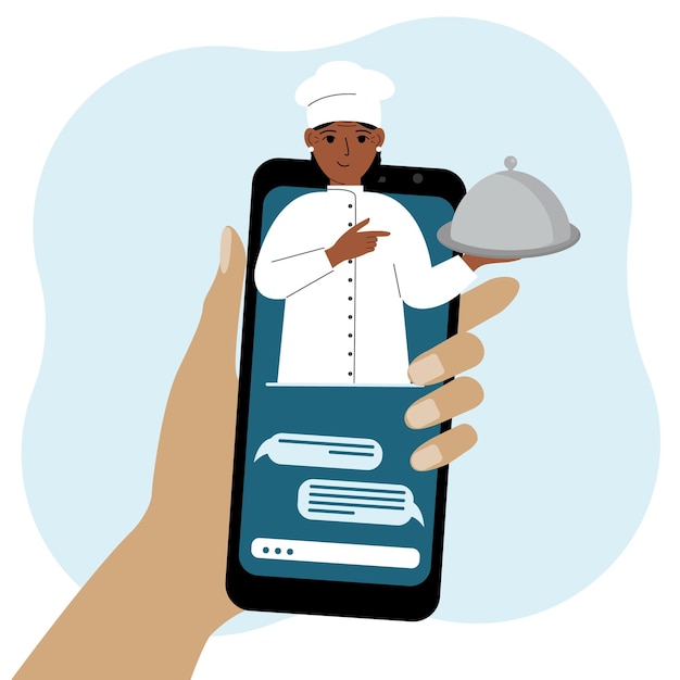 Online boodschappen doen via mobiele telefoon of bestelling voor fastfood De kok houdt een dienblad met een deksel of een bord met een stolp vast