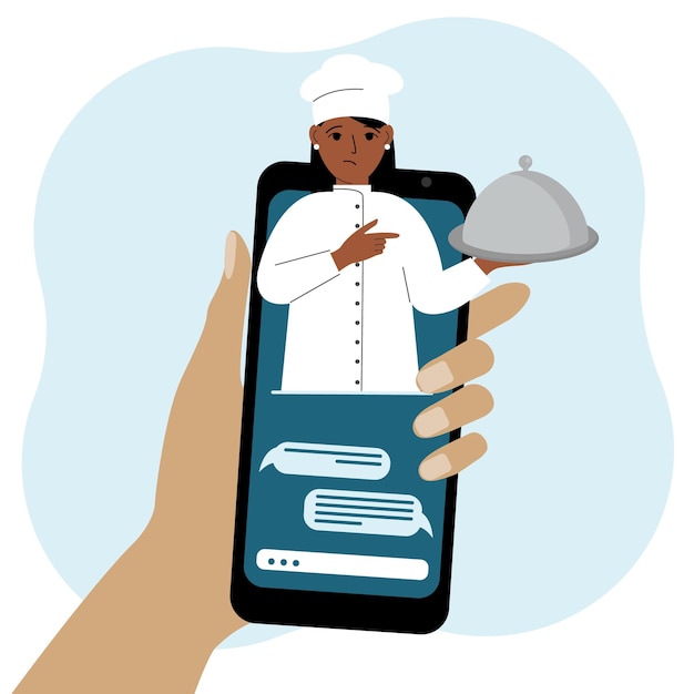 Online boodschappen doen via mobiele telefoon of bestelling voor fastfood de kok houdt een dienblad met een deksel of een bord met een stolp vast