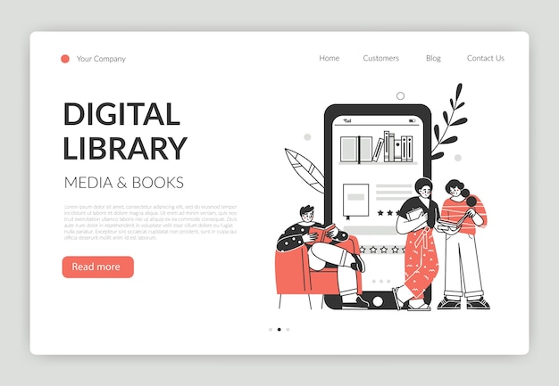 Vector online book library concept. vector graphic illustration with characters reading books online on the smartphone. concept for website and app development.