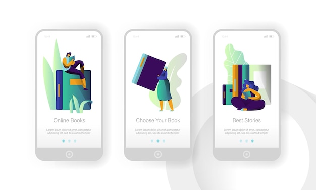 Online book library modern education mobile app page onboard screen set.