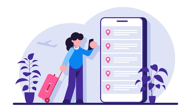 Вектор Онлайн бронирование авиабилетов. женщина покупает билет со смартфоном