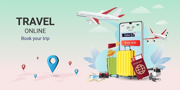 スマートフォンでのオンライン予約サービスアプリ旅行オンラインチケットモバイルアプリケーション旅行計画旅行機器と荷物ウェブサイトまたはモバイルアプリのベクトル図のコンセプト