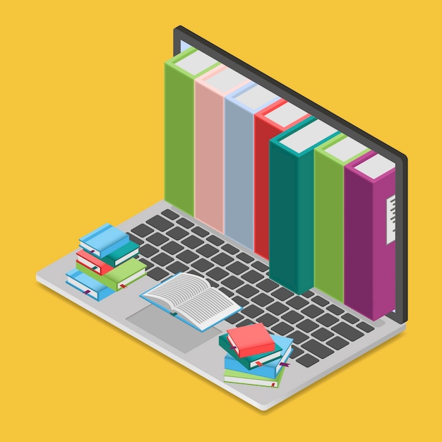 Online books shop in isometric view,