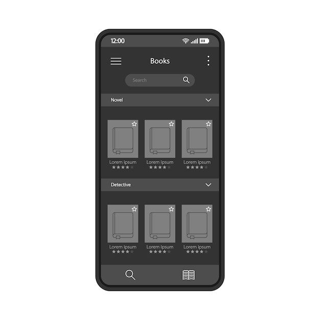 Modello vettoriale interfaccia smartphone libreria online layout del design della pagina dell'app ereader mobile negozio di ebook libreria virtuale acquisto di libri digitali schermo online interfaccia utente piatta per l'applicazione display del telefono