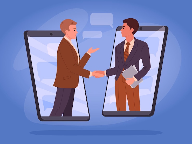वेक्टर online business agreement two businessman handshake on gadgets screen online call or video conference agreement flat vector illustration teammates or customers business deal