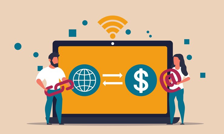 Vector online business banking and wireless deposit investment with laptop. network transaction and pay vector drawing illustration concept. future finance cloud with man and woman. commerce web connection