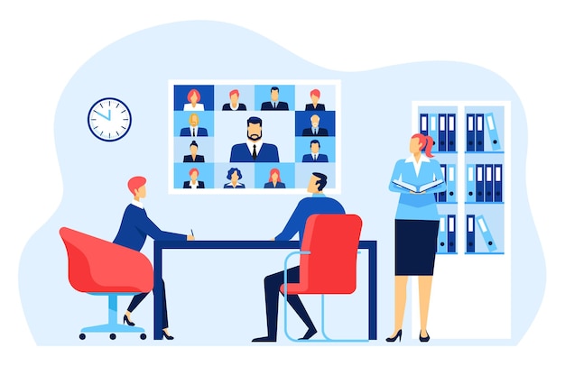 Online business conference or team meeeting use video call. vector communication meeting conference, video team technology chat screen illustration