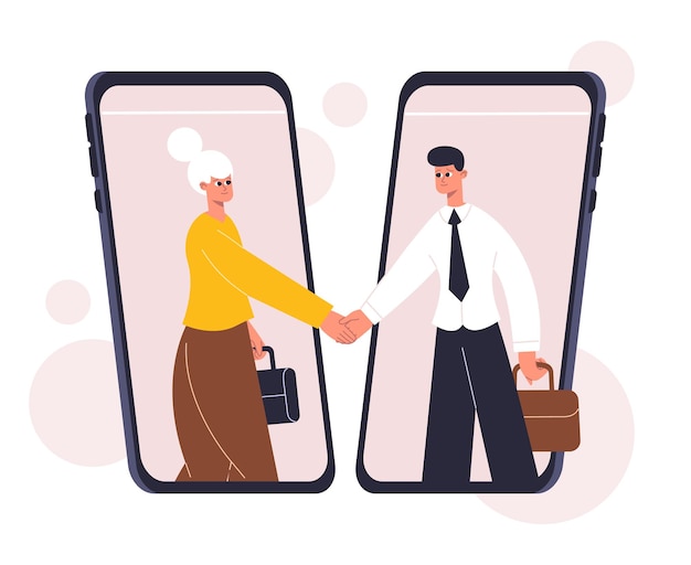 Online business negotiating, deal concluding, agreement concept. Business communication, successful negotiations handshake vector illustration. Business deal concluding