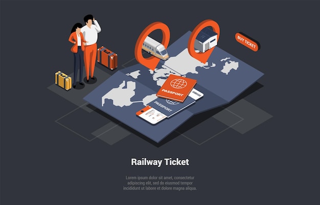 Acquisto online di biglietti ferroviari app mobile viaggiare in treno concetto i passeggeri della famiglia con i bagagli acquistano i biglietti e aspettano un treno al binario illustrazione isometrica del vettore del fumetto 3d