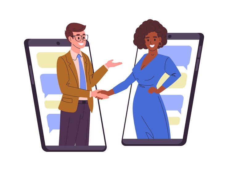 Vector online call or video conference agreement business remote agreement two businessman handshake on gadgets screen flat vector illustration business deal concept
